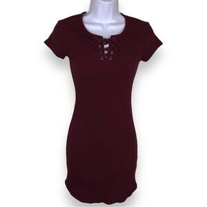 Small Juniors Burgundy Red Ribbed Knit Dress Stretch Fitted Lace Up Neckline